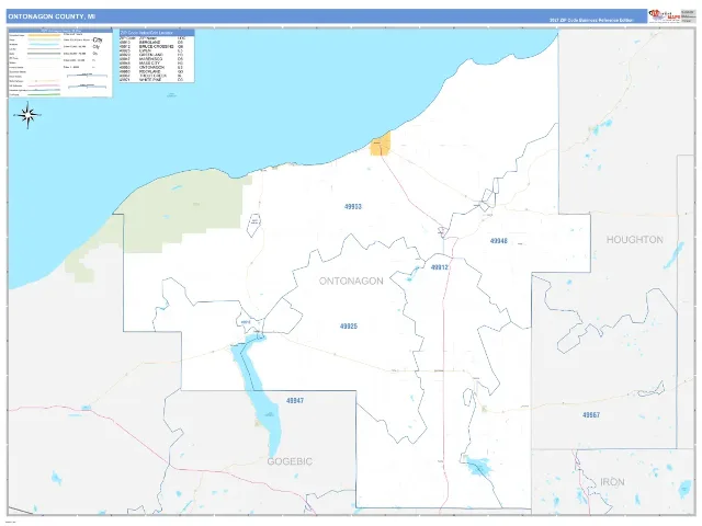 Ontonagon County, MI ZIP Code Wall Map, Business Reference style