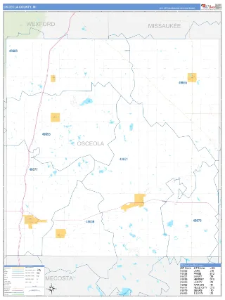 Osceola County, MI Business Reference style ZIP Code wall map