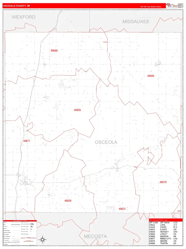 Osceola County, MI ZIP Code Wall Map, RedLine style