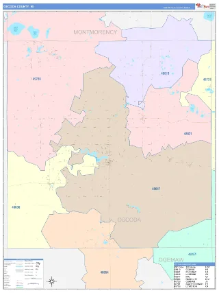 Oscoda County, MI ColorCast style ZIP Code wall map