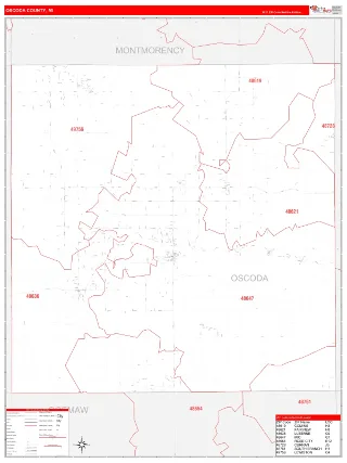 Oscoda County, MI RedLine style ZIP Code wall map