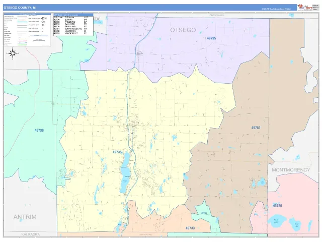 Otsego County, MI ZIP Code Wall Map, ColorCast style