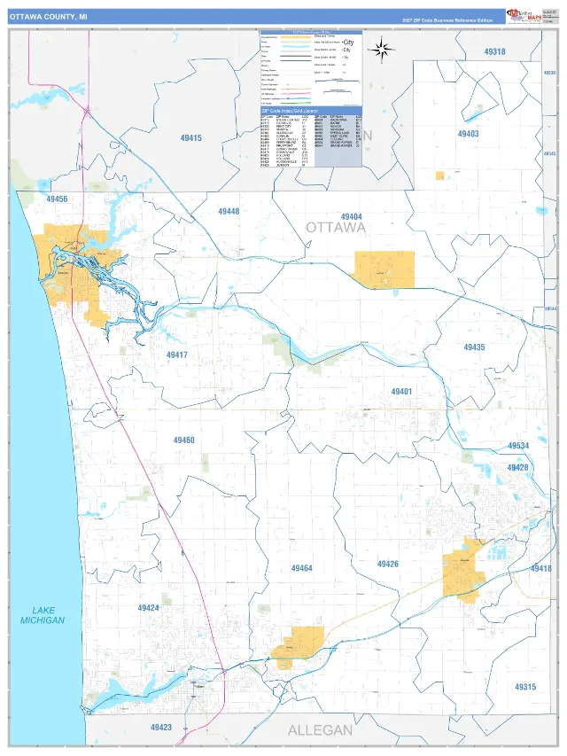 Ottawa County, MI ZIP Code Wall Map, Business Reference style