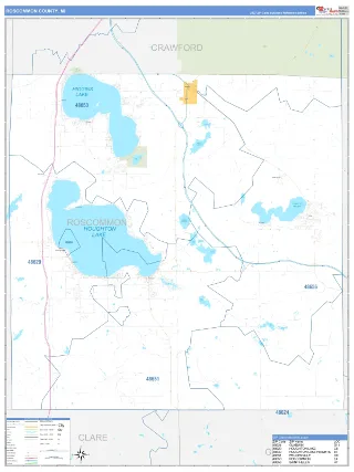 Roscommon County, MI Business Reference style ZIP Code wall map