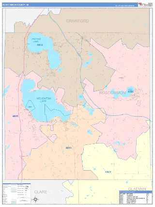 Roscommon County, MI ColorCast style ZIP Code wall map
