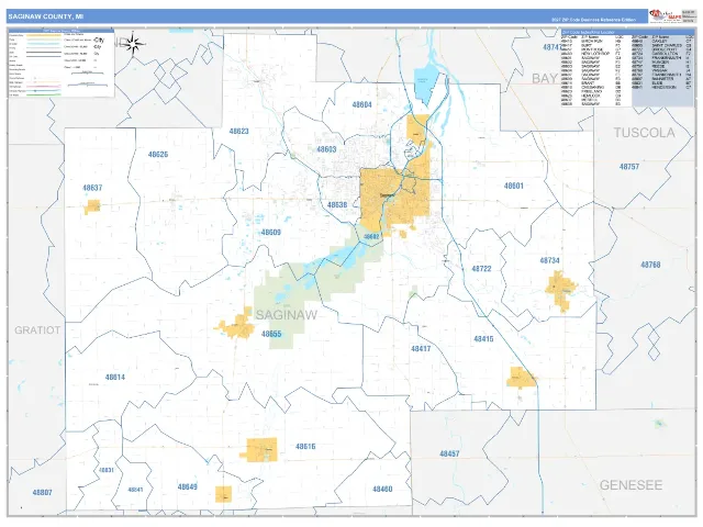 Saginaw County, MI ZIP Code Wall Map, Business Reference style