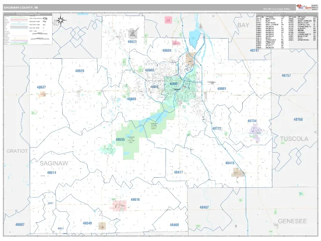 Saginaw County, MI ZIP Code Wall Map, Classic style