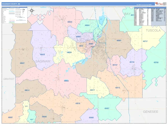 Saginaw County, MI ZIP Code Wall Map, ColorCast style