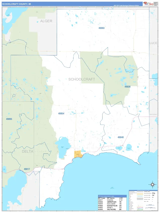 Schoolcraft County, MI ZIP Code Wall Map, Business Reference style