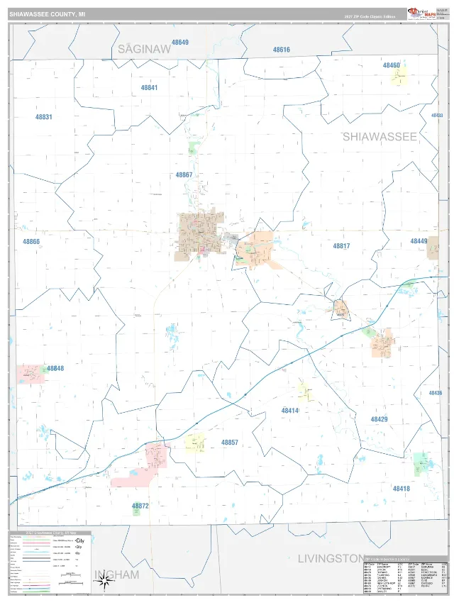 Shiawassee County, MI ZIP Code Wall Map, Classic style