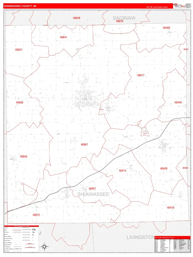Shiawassee County, MI ZIP Code Wall Map, RedLine style