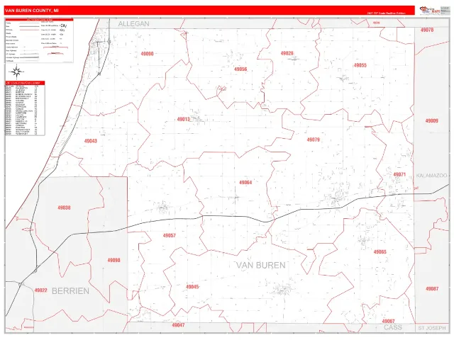 Van Buren County, MI ZIP Code Wall Map, RedLine style