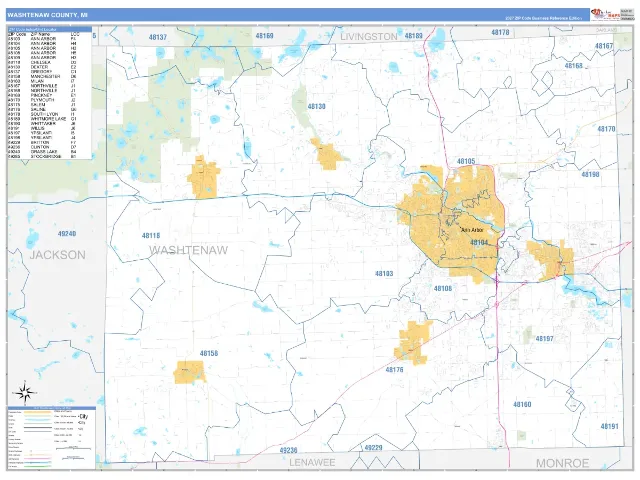 Washtenaw County, MI ZIP Code Wall Map, Business Reference style