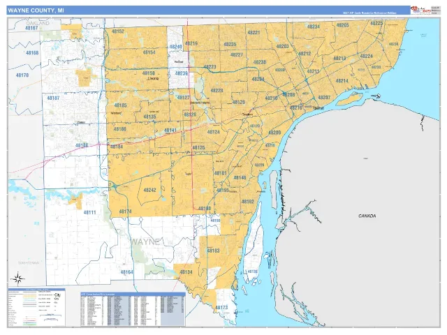 Wayne County, MI ZIP Code Wall Map, Business Reference style