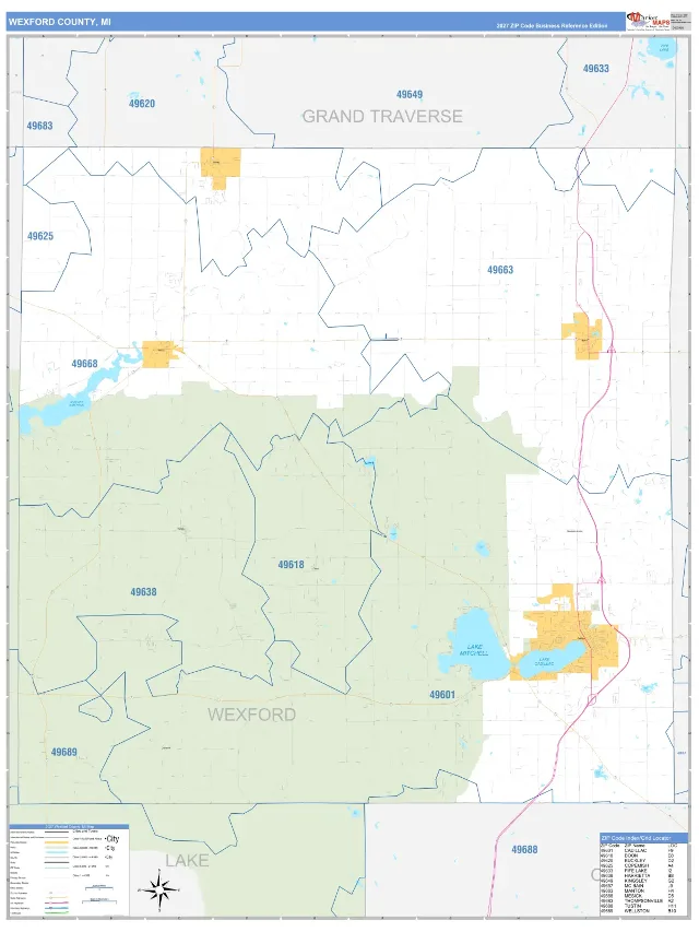 Wexford County, MI ZIP Code Wall Map, Business Reference style