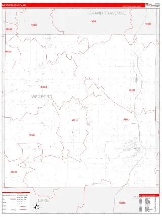 Wexford County, MI RedLine style ZIP Code wall map