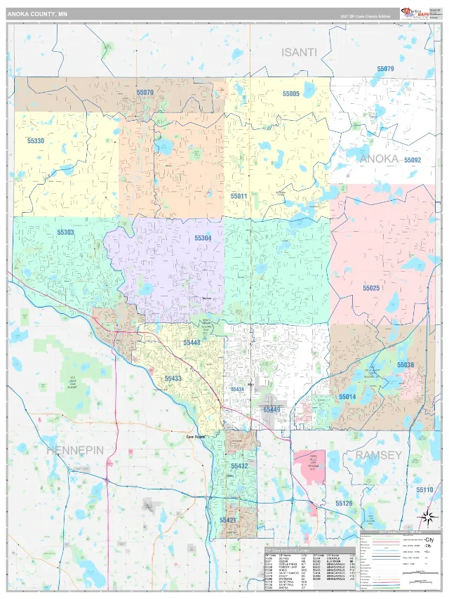 Anoka County, MN ZIP Code Wall Map, Classic style