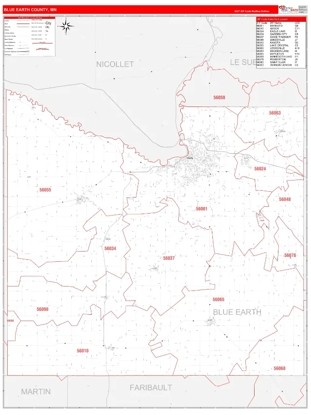 Blue Earth County, MN ZIP Code Wall Map, RedLine style
