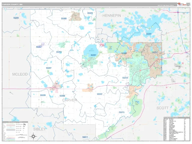 Carver County, MN ZIP Code Wall Map, Classic style