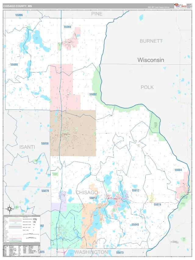 Chisago County, MN ZIP Code Wall Map, Classic style