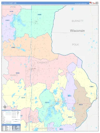 Chisago County, MN ColorCast style ZIP Code wall map