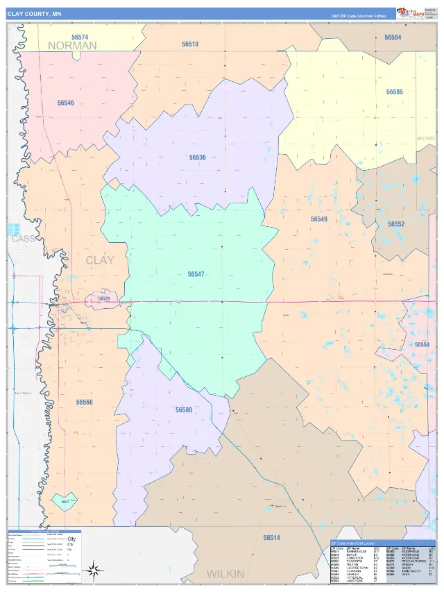 Clay County, MN ZIP Code Wall Map, ColorCast style