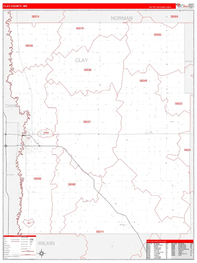 Clay County, MN ZIP Code Wall Map, RedLine style