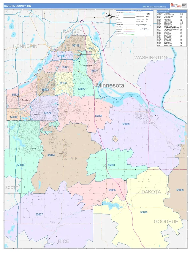 Dakota County, MN ZIP Code Wall Map, ColorCast style