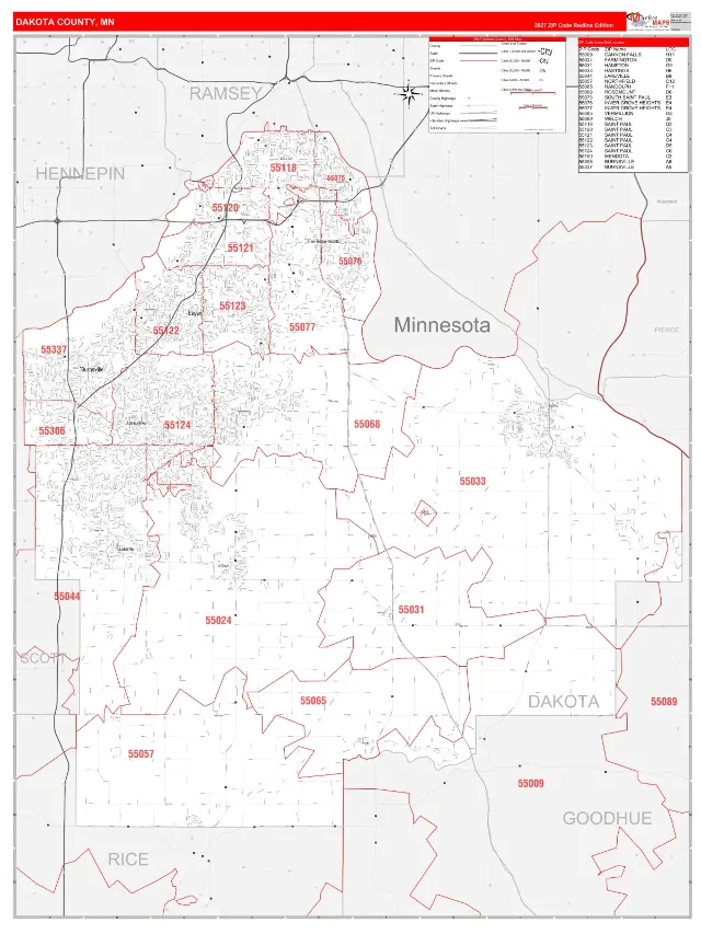 Dakota County, MN ZIP Code Wall Map, RedLine style