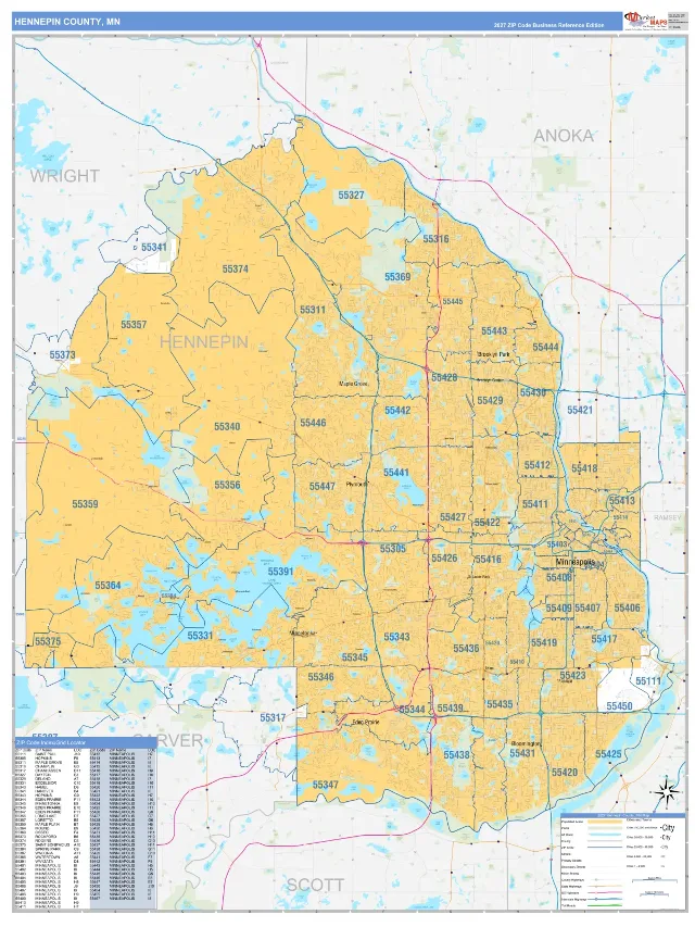 Hennepin County, MN ZIP Code Wall Map, Business Reference style