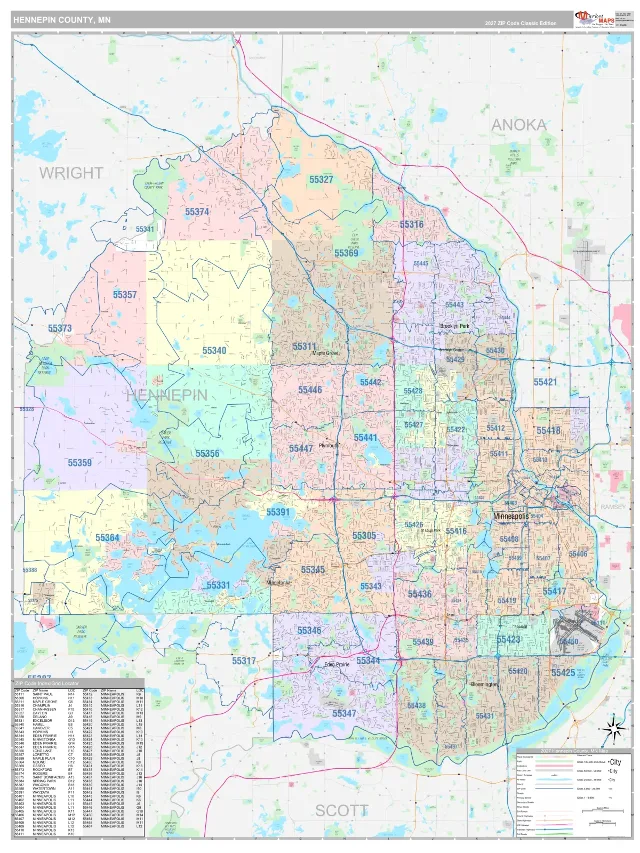 Hennepin County, MN ZIP Code Wall Map, Classic style