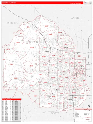Hennepin County, MN RedLine style ZIP Code wall map