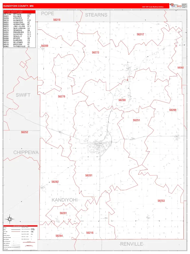 Kandiyohi County, MN ZIP Code Wall Map, RedLine style