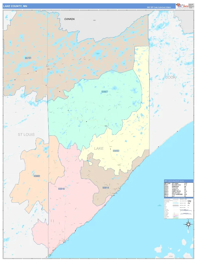 Lake County, MN ZIP Code Wall Map, ColorCast style