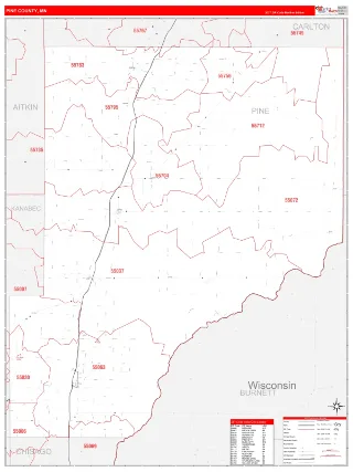 Pine County, MN RedLine style ZIP Code wall map