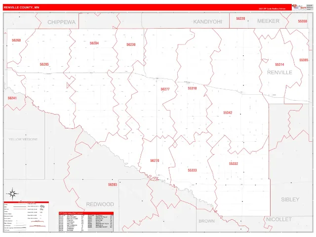 Renville County, MN ZIP Code Wall Map, RedLine style