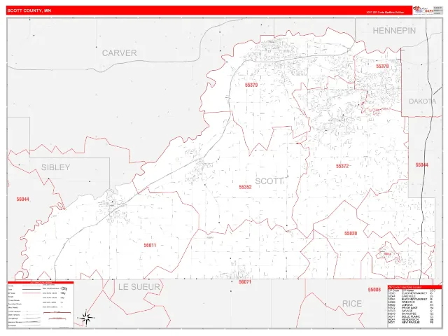 Scott County, MN ZIP Code Wall Map, RedLine style