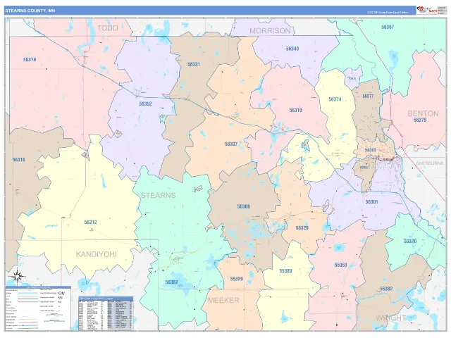 Stearns County, MN ZIP Code Wall Map, ColorCast style