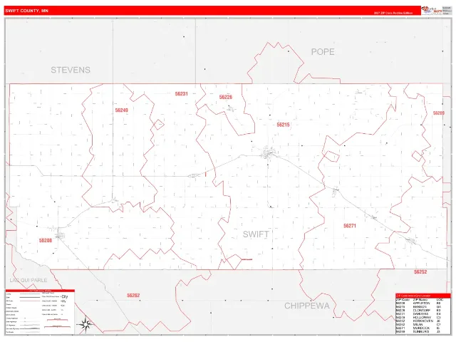 Swift County, MN ZIP Code Wall Map, RedLine style