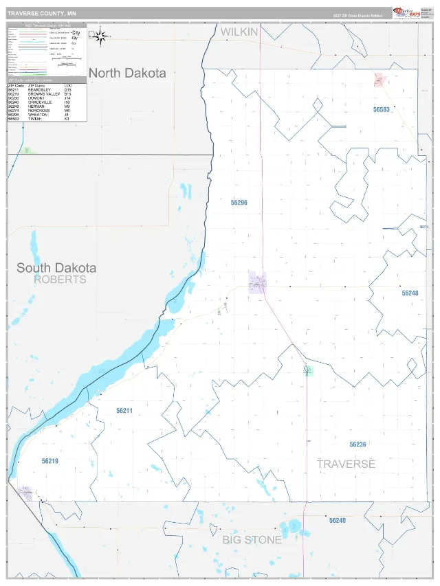 Traverse County, MN ZIP Code Wall Map, Classic style
