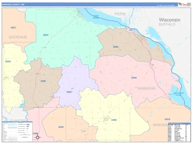 Wabasha County, MN ZIP Code Wall Map, ColorCast style