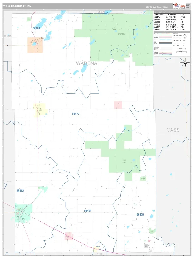 Wadena County, MN ZIP Code Wall Map, Classic style