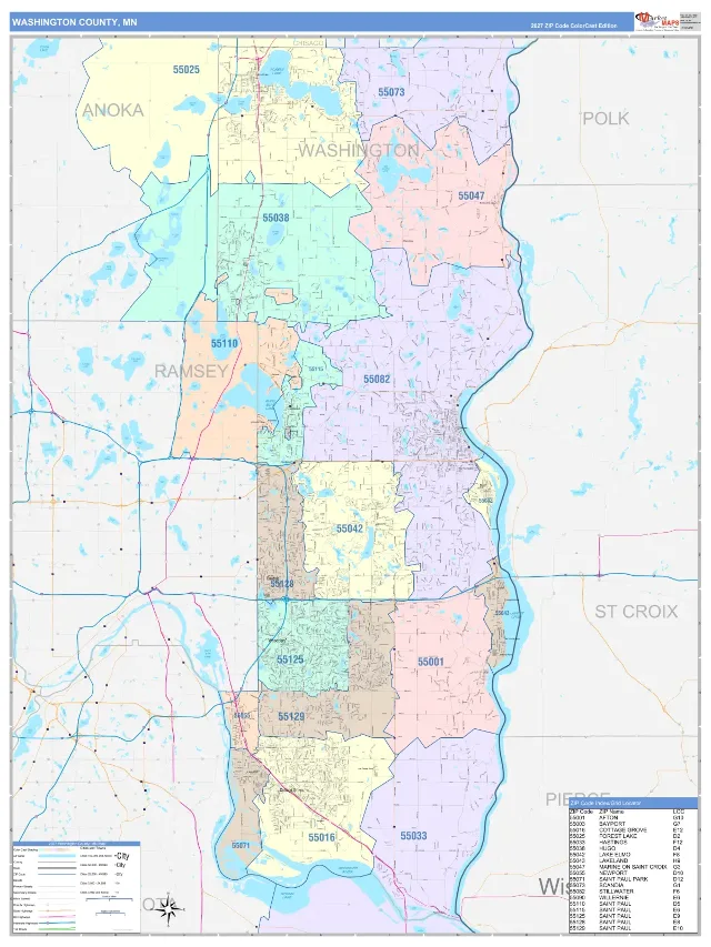 Washington County, MN ZIP Code Wall Map, ColorCast style