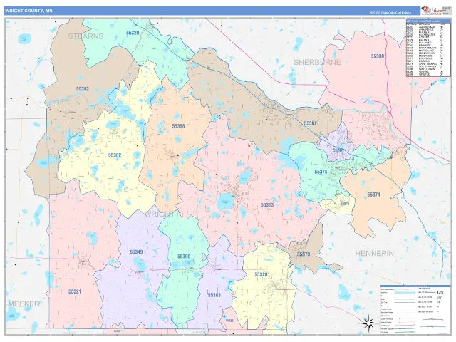 Wright County, MN ZIP Code Wall Map, ColorCast style