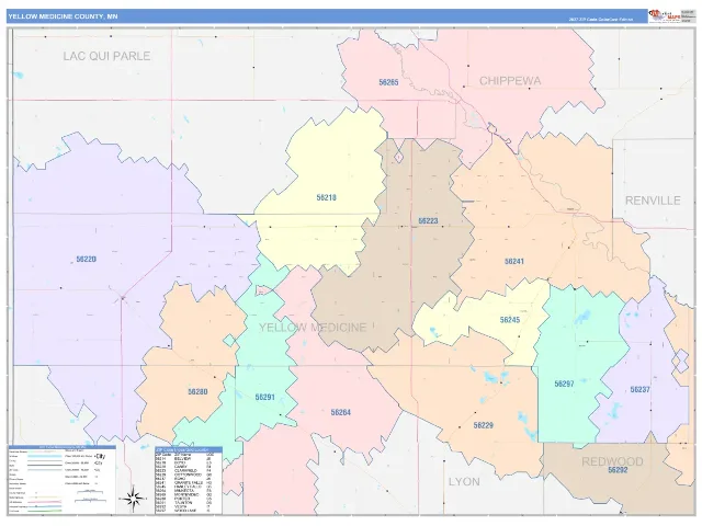 Yellow Medicine County, MN ZIP Code Wall Map, ColorCast style