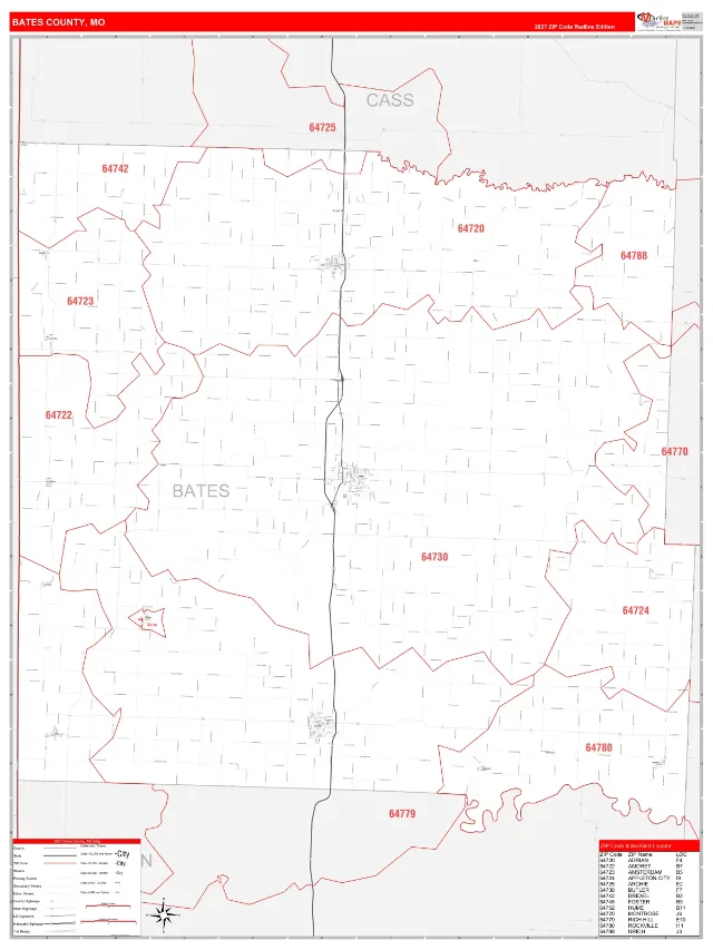 Bates County, MO ZIP Code Wall Map, RedLine style