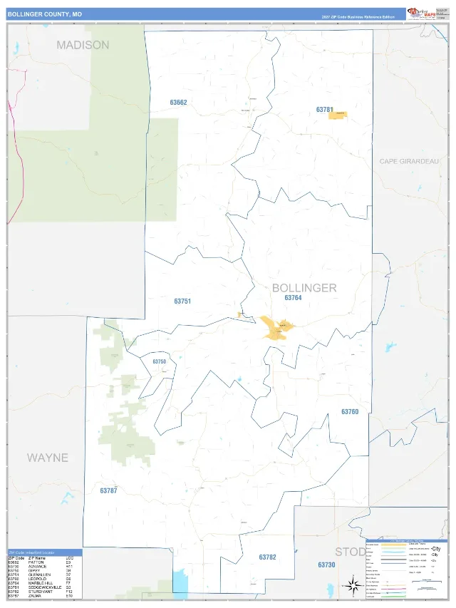 Bollinger County, MO ZIP Code Wall Map, Business Reference style