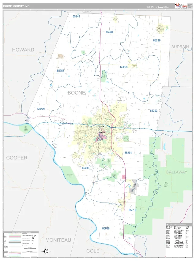 Boone County, MO ZIP Code Wall Map, Classic style