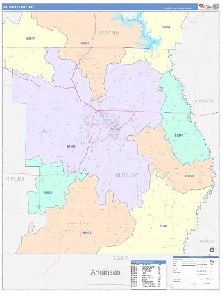 Butler County, MO ColorCast style ZIP Code wall map