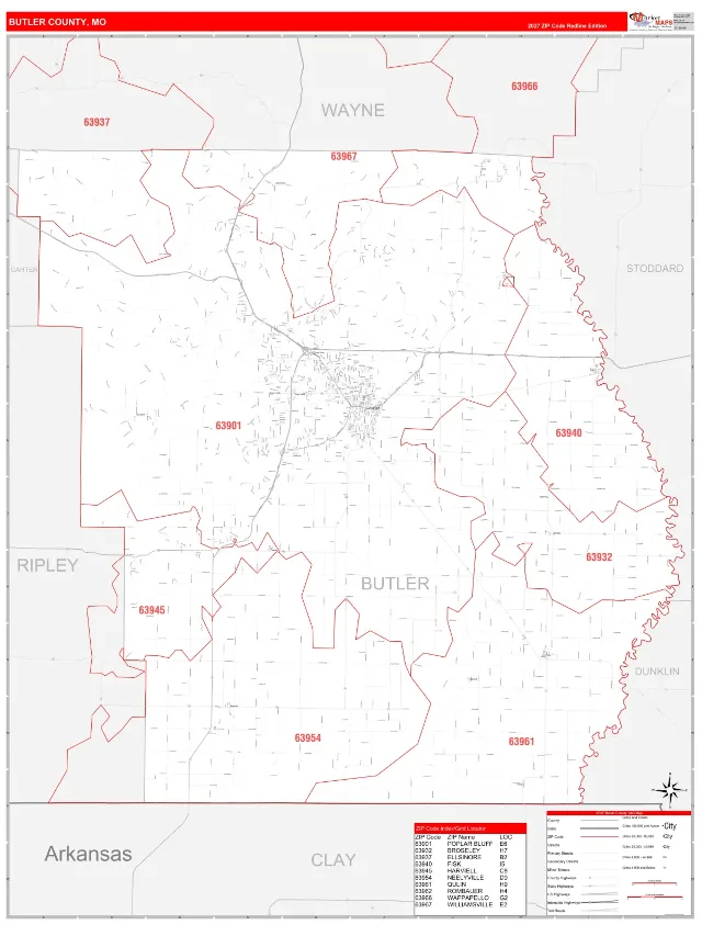 Butler County, MO ZIP Code Wall Map, RedLine style